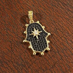 Black Spinel & Moissanite Hamsa Sterling Silver Pendant